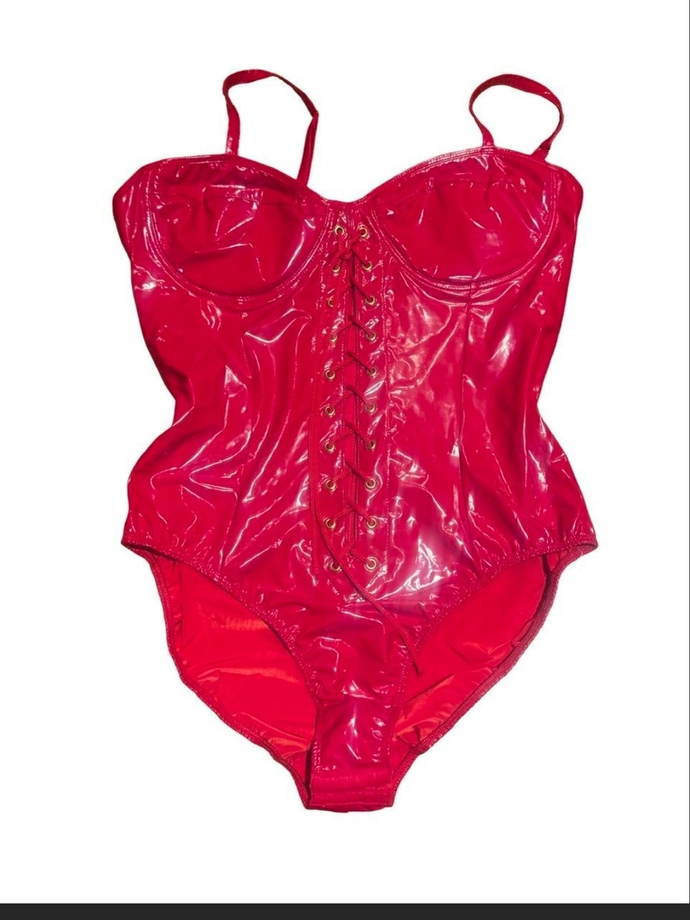 HALLOWEEN! Fashion Nova Shiny Red Lace-Up/ Zipper Bodysuit